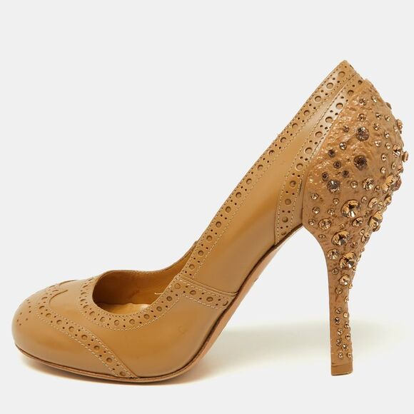 Miu Miu Beige Brogue Patent Leather Crystal Embellished Round Toe Pumps Size 38,New Products : American Fashion Style Bags On Sale